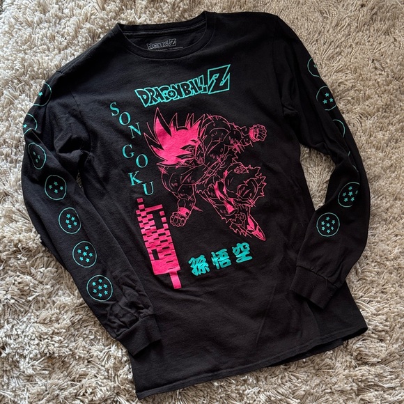 Spencer's Tops - Dragon Ball Z Son Goku Black Long Sleeve Tee - Pink & Teal Graphic